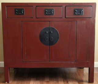 Antique Asian Red Painted Kitchen Cabinet Case Or Bedroom Dresser C 19th Century photo