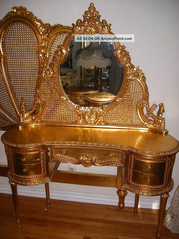 Antique French Louis Xiv St Carved Caned Gilt Wood 5 Pc Bedroom Set 1900-1950 photo