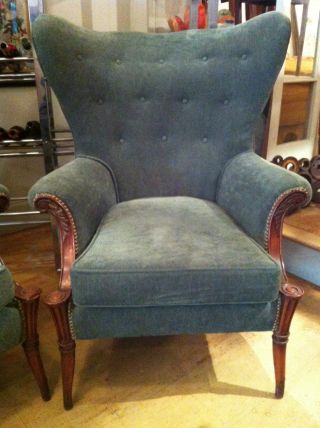 Vintage Tufted Wing Back Chairs Newly Upholstered Clean Library Cigar Pair photo