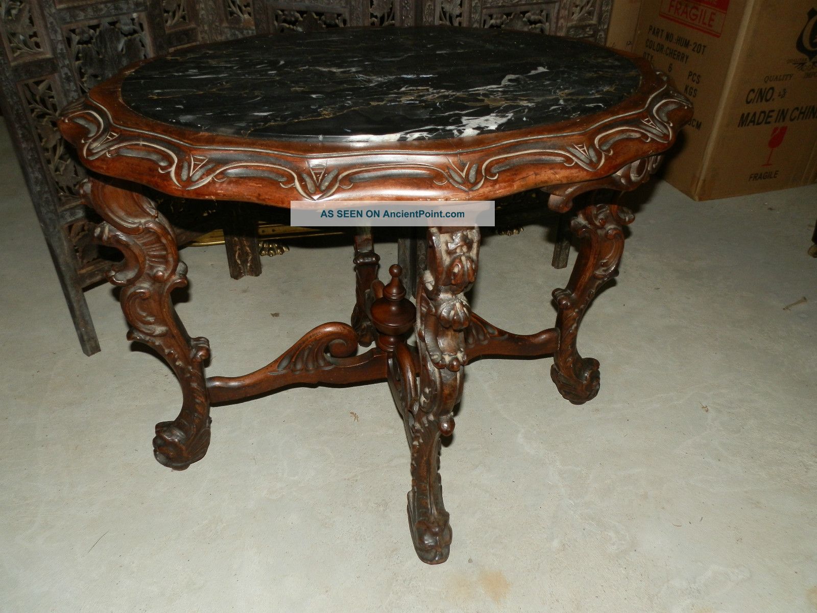 Stunning Antique Victorian Marble Top Lamp Table W/amazing Carved Base 1800-1899 photo