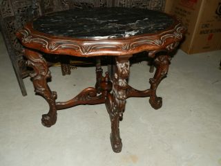 Stunning Antique Victorian Marble Top Lamp Table W/amazing Carved Base photo