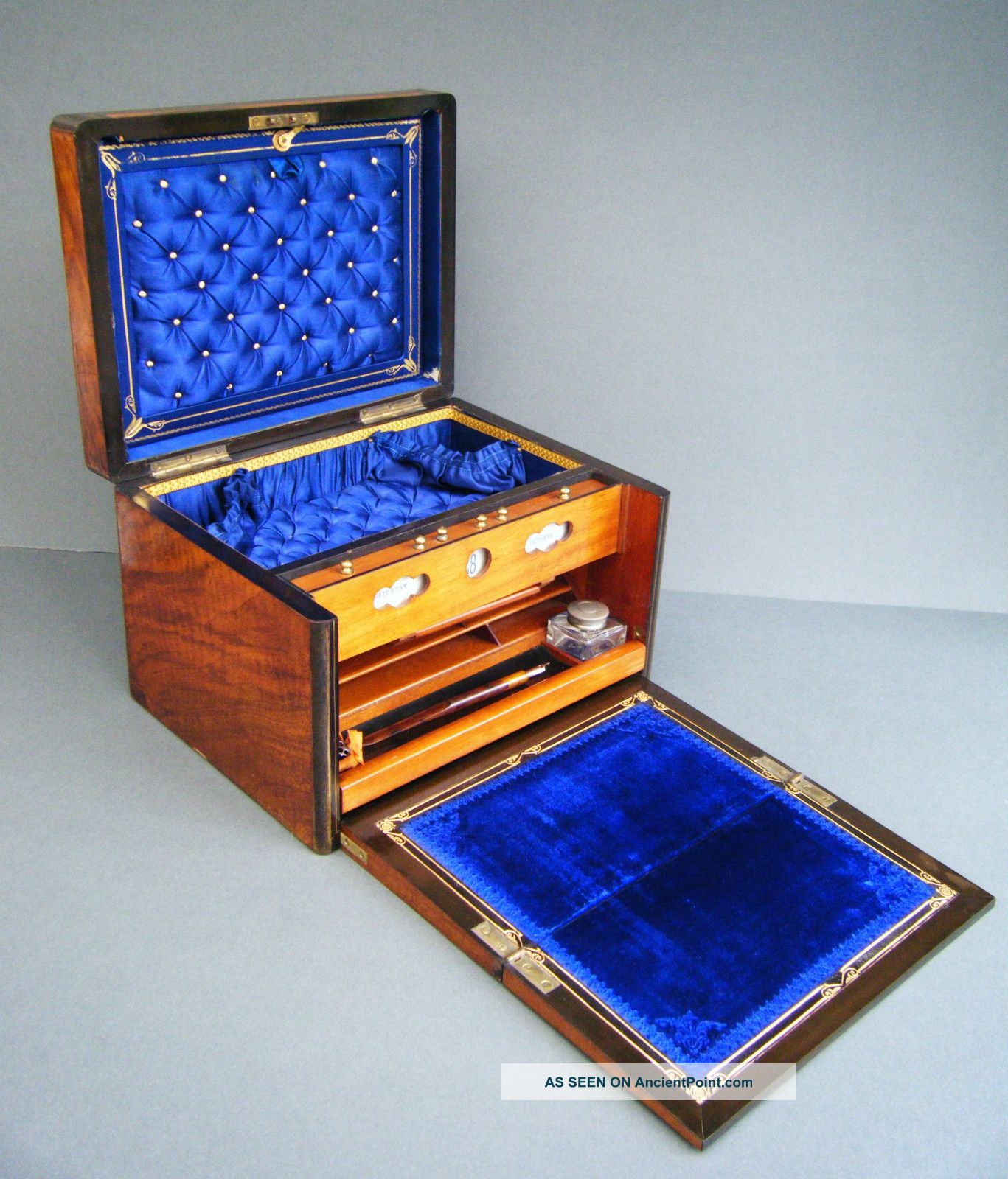 Quality Antique Victorian Burr Walnut Ebony & Brass Inlaid Stationary Box 1800-1899 photo