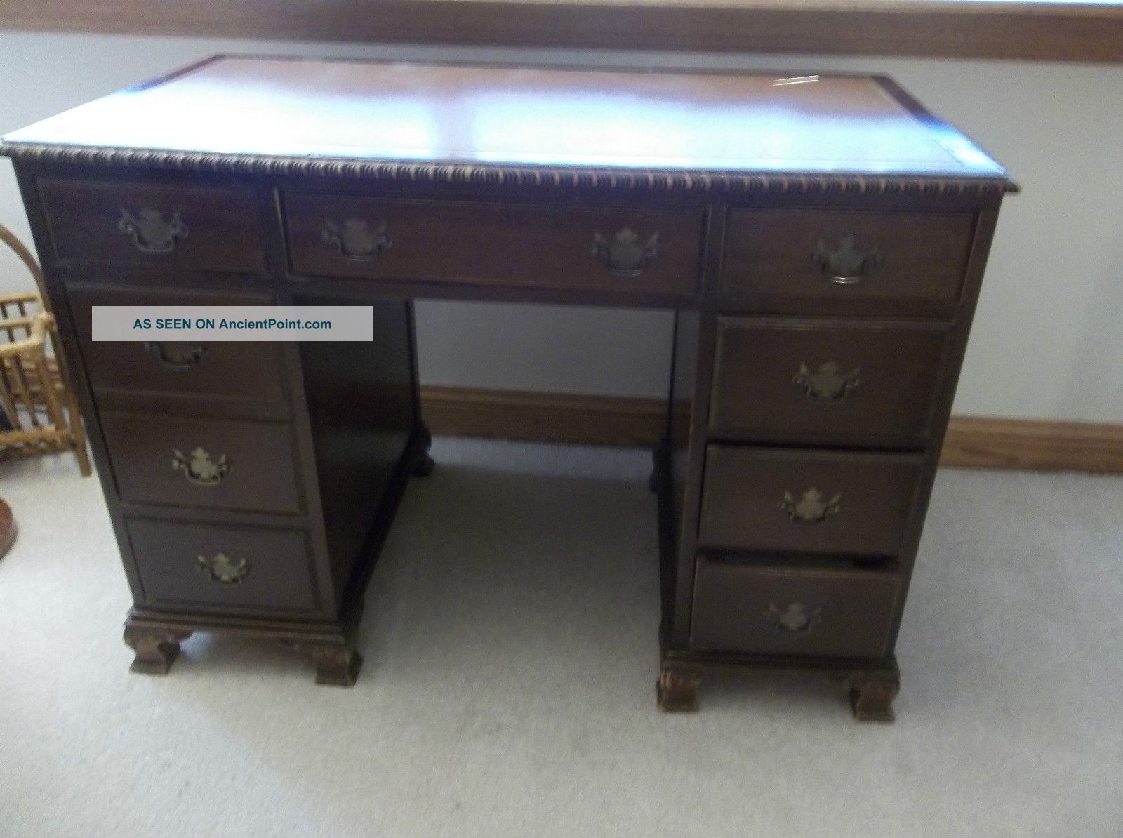 Antique Pedestal Solid Dark Wood Desk W/ Leather Pad On Top,  Over 70 Years Old 1900-1950 photo