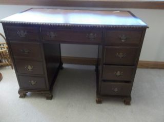 Antique Pedestal Solid Dark Wood Desk W/ Leather Pad On Top,  Over 70 Years Old photo