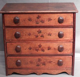 Antique American Miniature Chest Of Drawers Hand Painted Decoration Early Doll photo