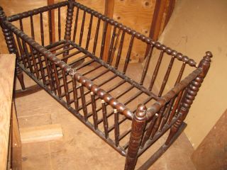 Antique,  Early,  Americana Oak Spindle Baby Cradle photo
