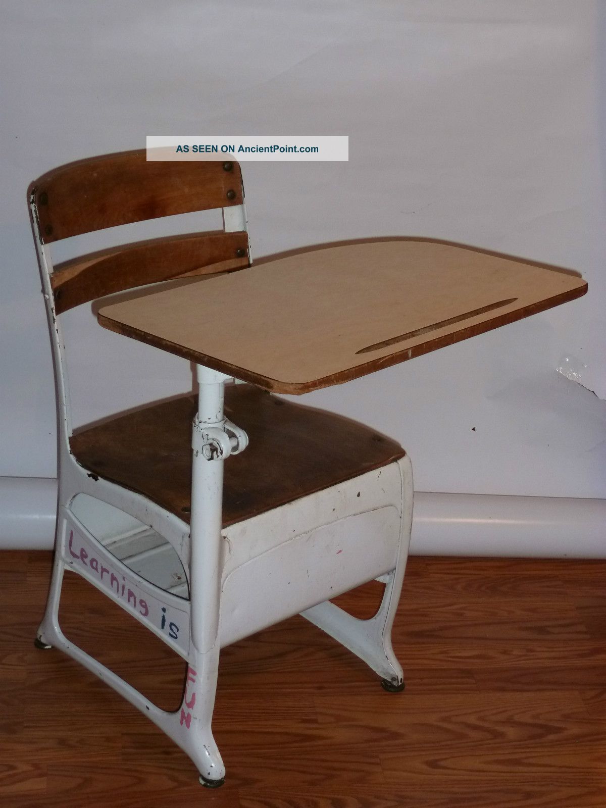 Vintage Child ' S School Desk Metal Base Wood Seat & Top Post-1950 photo