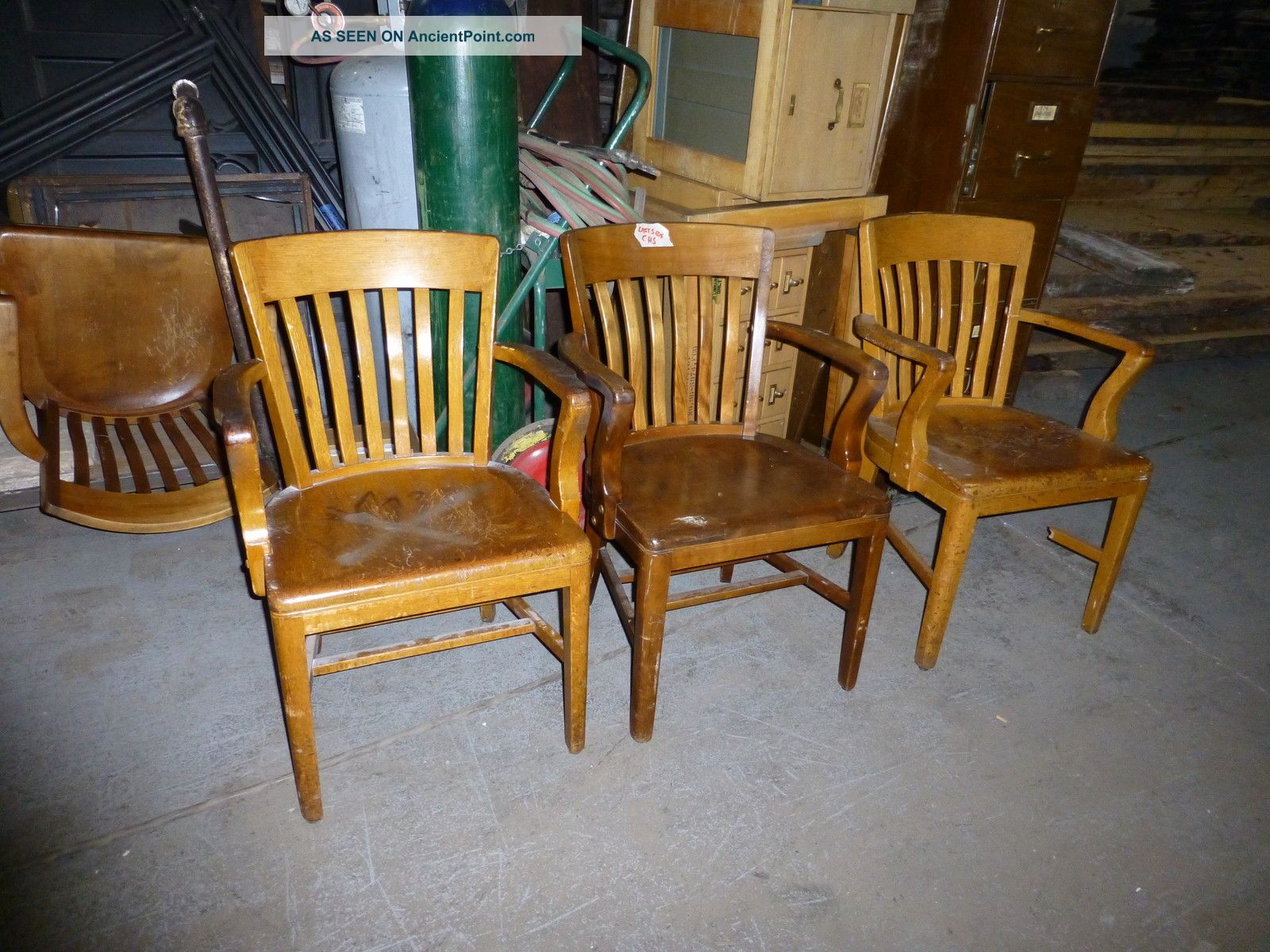 Solid Oak Vintage Library Chairs With Arms And Slatted Back Six