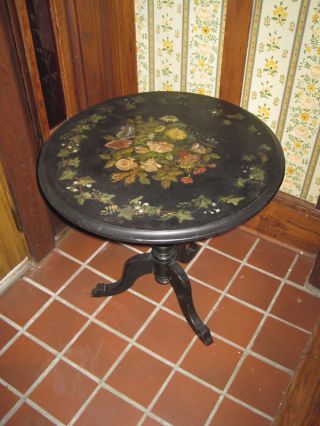 Rare Antique Victorian Hand Painted Black Marble/slate Top Table photo