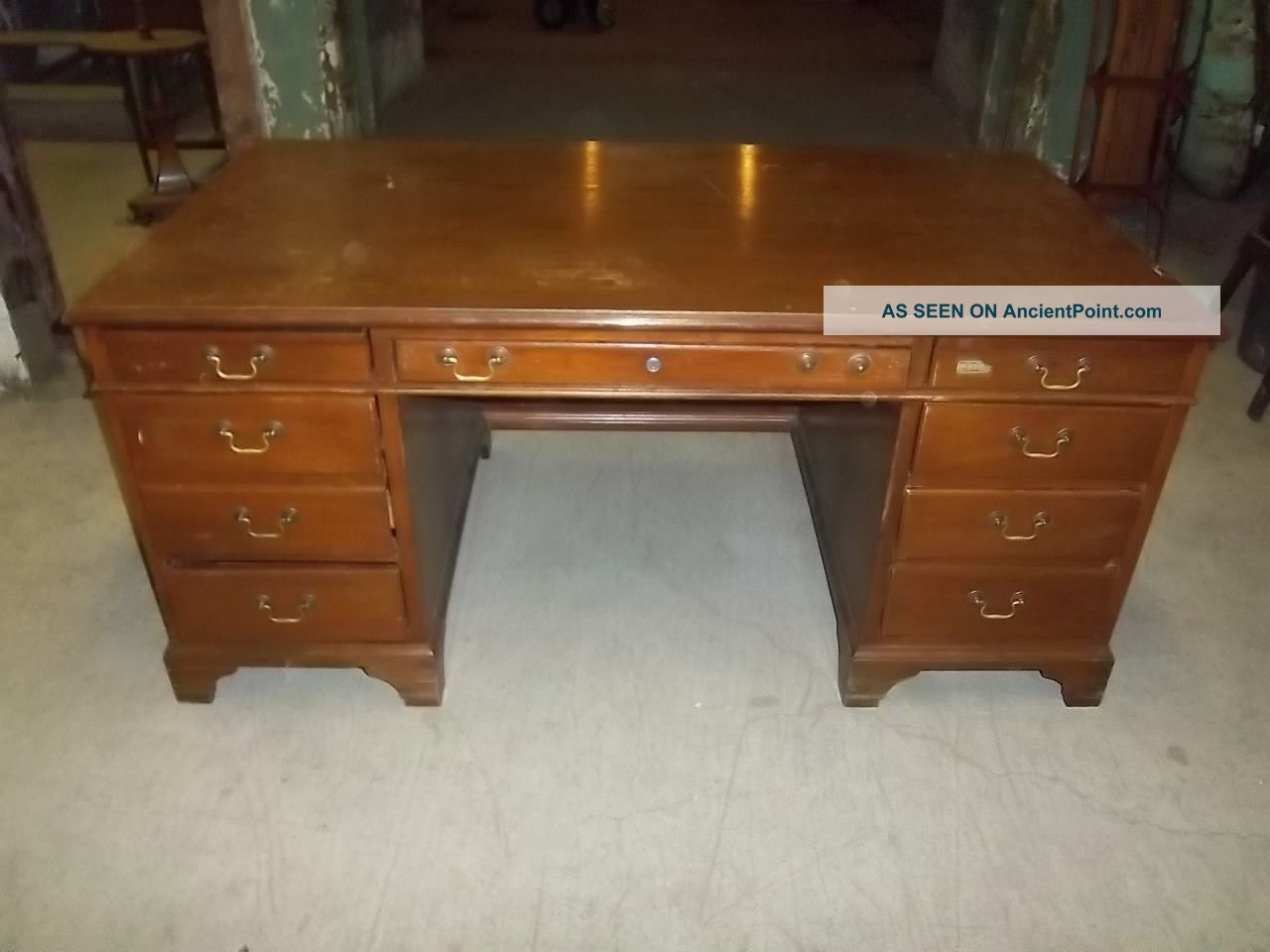 Vintage Walnut Office Desk With Brass Drawer Pulls 1900-1950 photo