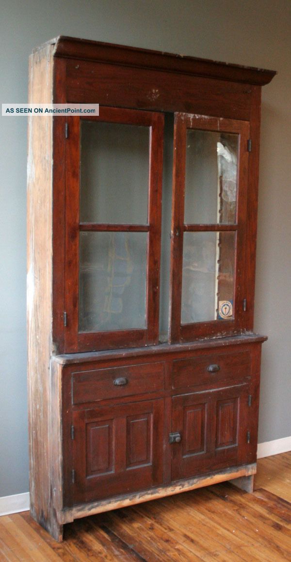 Antique Farm Stepback Built - In Cupboard Kitchen Cabinet Pantry Wavy Glass Doors 1800-1899 photo