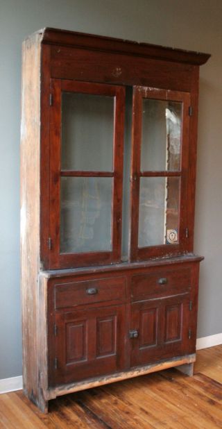 Antique Farm Stepback Built - In Cupboard Kitchen Cabinet Pantry Wavy Glass Doors photo