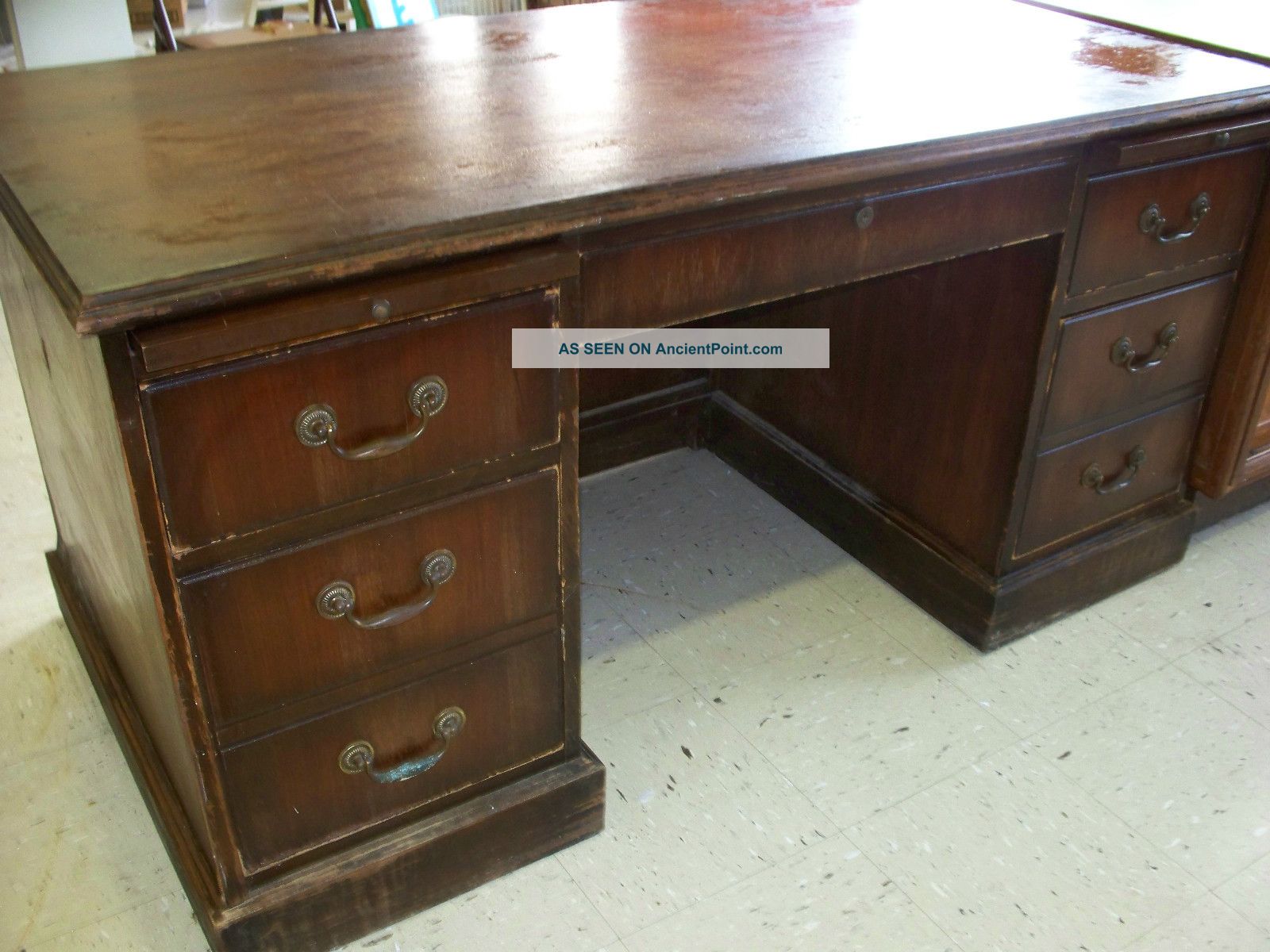 Antique Solid Wood Executive Office Desk Double Pedestal Kneehole In Arkansas Post-1950 photo