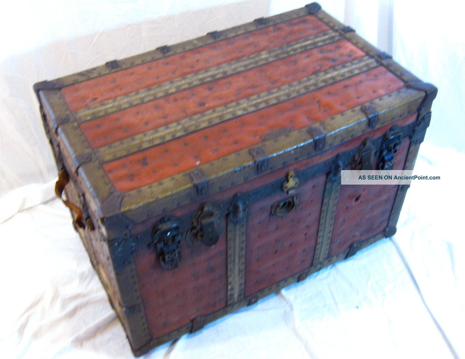 Antique Steamer Trunk With Cleveland In Metal Rivits On The Side Old Vintage Unknown photo