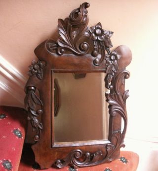 Old Antique Victorian Carved Walnut Wooden French Wall Rococo Mirror Vintage photo