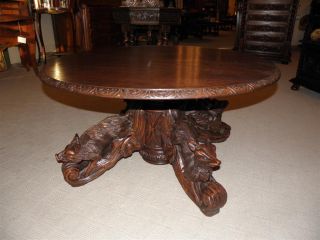 French Hunt Coffee Table Solid Oak 4 Different Carved Animals photo