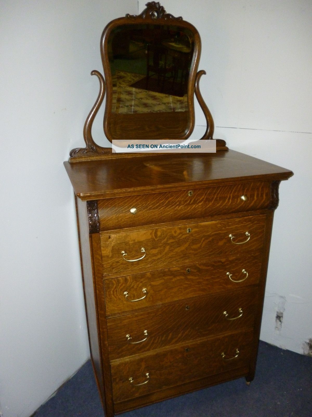Antique Oak Dresser Bureau W Shaped Beveled Mirror Quartersawn