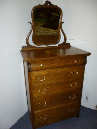 Antique Oak Dresser Bureau W/ Shaped Beveled Mirror Quartersawn Oak Refinished photo
