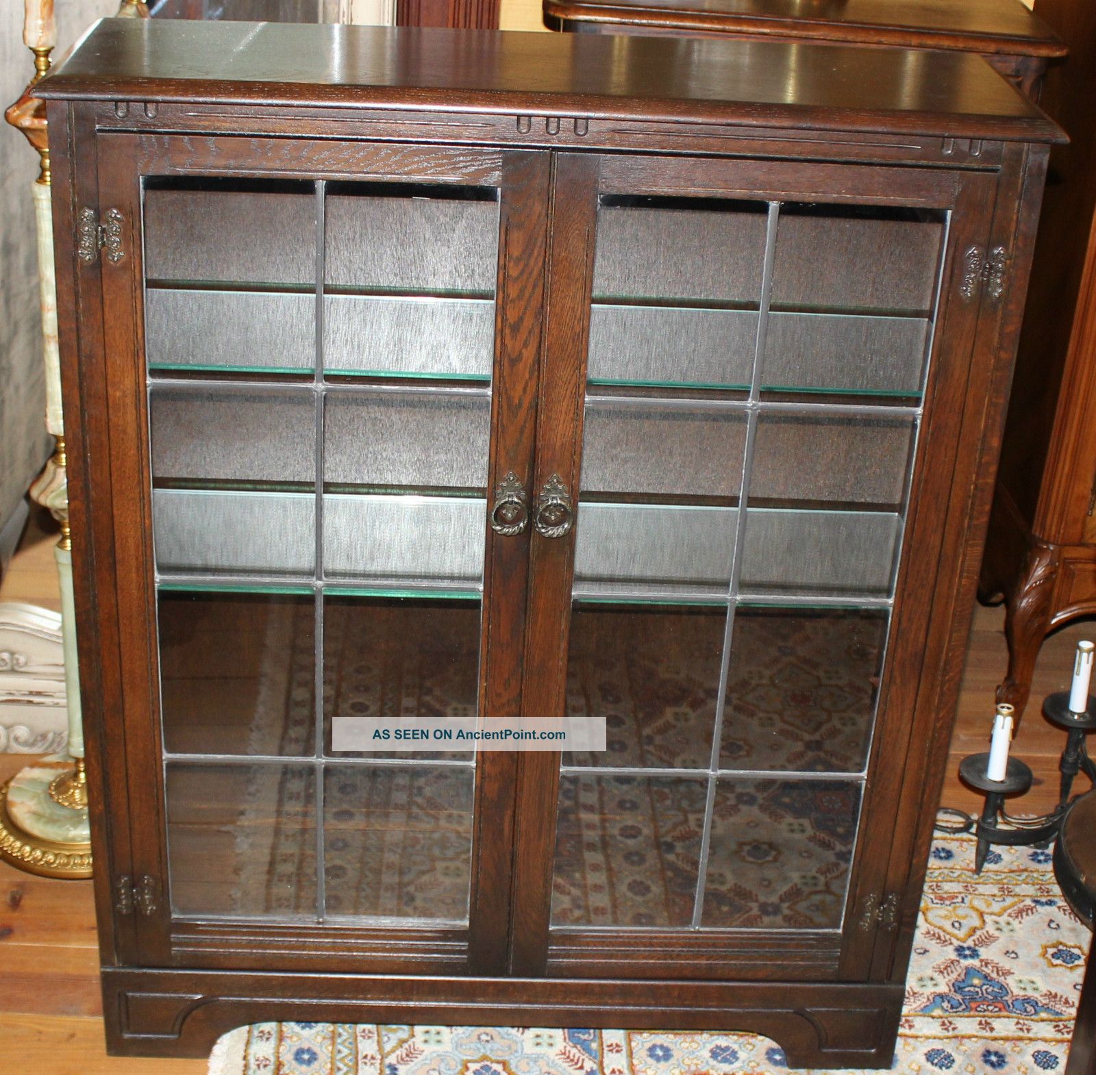 Wonderful English Antique Leaded Glass Bookcase / Cabinet.  Made From Dark Oak. 1900-1950 photo