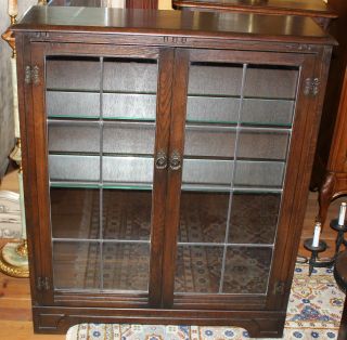 Wonderful English Antique Leaded Glass Bookcase / Cabinet.  Made From Dark Oak. photo