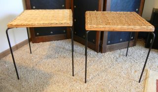Pair Vintage Mid Century Rattan Wicker Hairpin Metal Leg End Tables Night Stands photo
