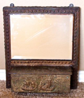 Antique Brass Riveted Art Nouveau Wall Shaving/vanity Mirror W/ Comb/tray Box photo