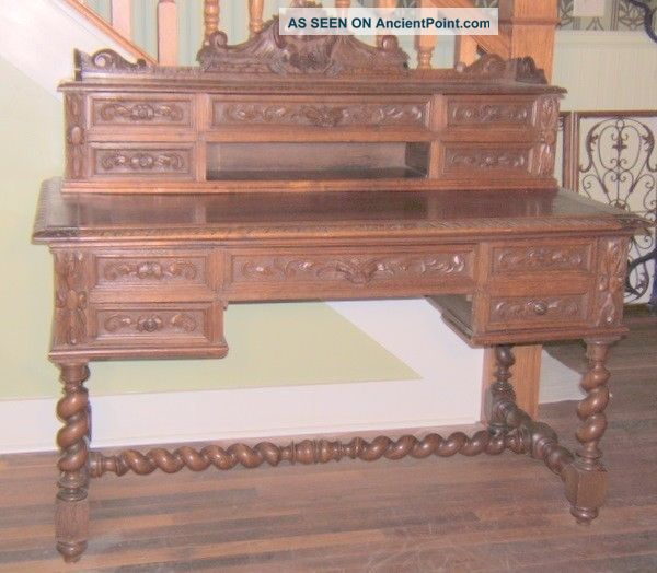 French Carved Hunt Desk W/hidden Locking Compartment 1800-1899 photo