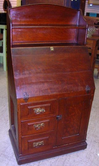 Antique Solid Oak Drop Front Desk Secretary With Drawers photo