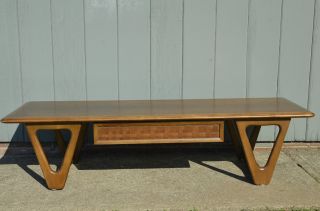 Mid Century Modern Lane Coffee Table With Woven Wood Drawer Vintage Refinished photo