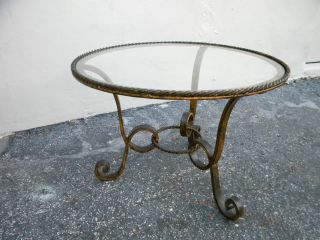 Mid - Century French Round Iron And Gold - Finish Glass Top Coffee Table 2084 photo