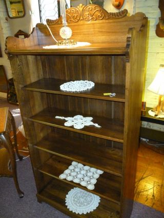 Antique Oak Bookcase,  Bookshelf,  Larkin Style Carved Crown 4 Shelves Refinished photo
