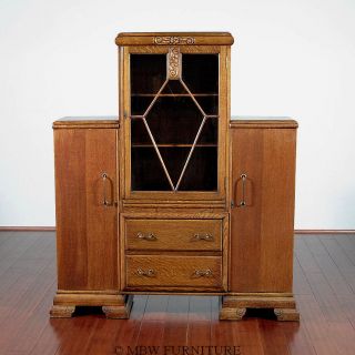 Antique Oak Art Deco Bookcase Curio Showcase Display Cabinet W/ Chest By87 photo