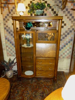 Antique Oak Bookcase Desk Side By Side Hooded W/ Beveled Mirror 1/4sawn Larkin photo