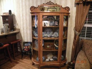 Antique Oak Curved Glass China Cabinet Beveled Mirror Larkin Outstanding photo