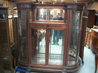 Most Unusual Solid Mahogany Crystal Cabinet Bevelled Curved Glass Curio Cabinet photo