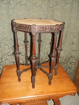 Antique Caned Top Victorian Parlour Table W/amazing Carved Base photo
