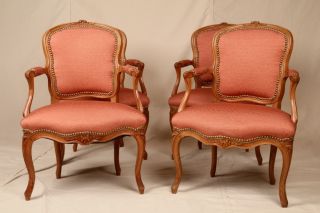 Set Of Four Period 18th Century Antique French Louis Xv Fauteuil Arm Chairs photo