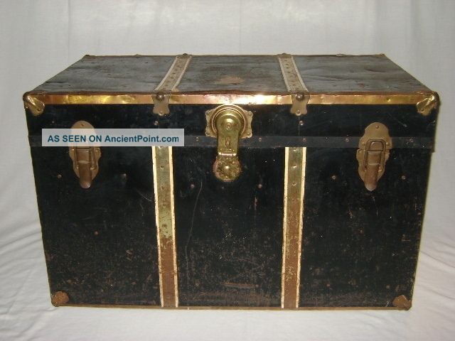Antique Vtg Flat Top Steamer Chest Trunk T - 46 Long Lock Black Metal Covered Deco 1800-1899 photo