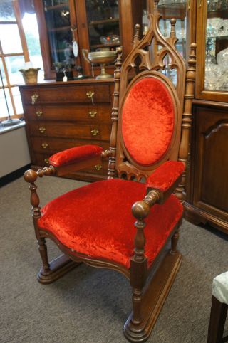 Gothic Revival Throne Chair Victorian Arm Seat Red Velvet Carved Unique Ships photo