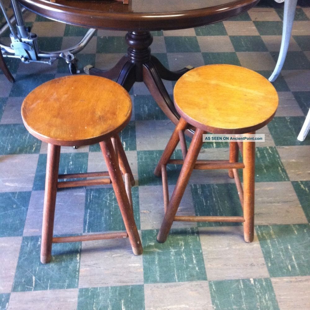 Pair Of Antique Oak Swivel Top Bar Stools 1900-1950 photo
