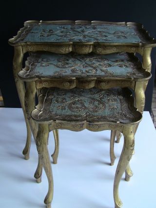 Vintage Busa Made In Italy Florentine Hollywood Regency Gold/blue Nesting Tables photo
