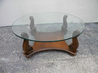 Mid - Century Oak Round Glass - Top Coffee Table 2651 photo
