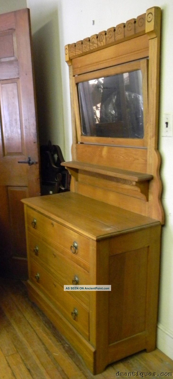 Antique Solid Chestnut Spoon Carved 3 - Drawer Bedroom Dresser With Large Mirror 1800-1899 photo