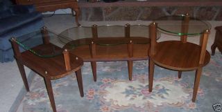 3 Retro 60’s Walnut Living Room Tables,  Thick Glass Tops photo
