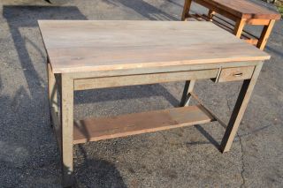 Vintage Industrial Factory Metal Desk Workbench Table Mercantile Wood Top photo