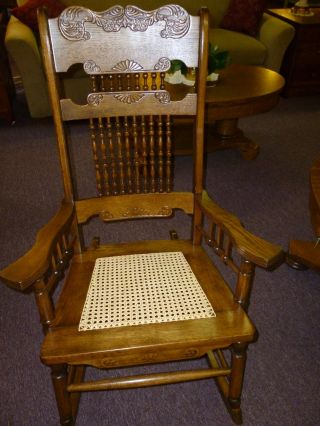 Antique Oak Rocking Chair Rocker,  Quadruple Pressed Back Hand Cane Seat Usa photo