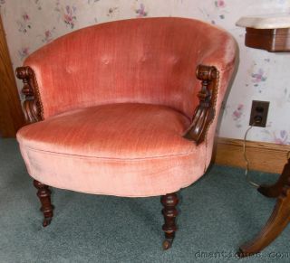 Antique Victorian Carved Solid Walnut Ladies Round Boudoir Chair Pink Velvet photo
