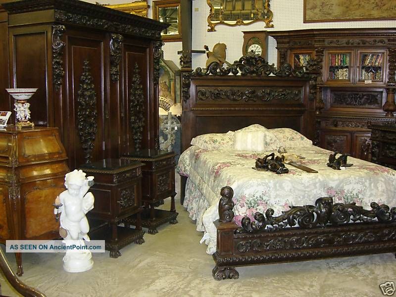 Antique Carved Italian Walnut Mid 19th Century Five Piece Queen Bedroom Suite 1800-1899 photo