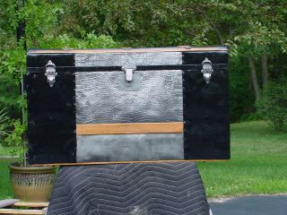 Large Antique Trunk W/ Alligator Embossed Tin Will Ship By Greyhound Restored photo