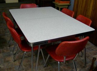 Vintage Retro Table With 2 Self Storing Butterfly Leafs & 6 Chairs Chrome & Red photo